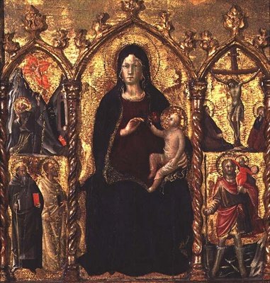 Triptychon: Madonna und Kind (Mittelteil) mit Heiligen und einer Szene der Kreuzigung von Arcangelo di Cola da Camerino